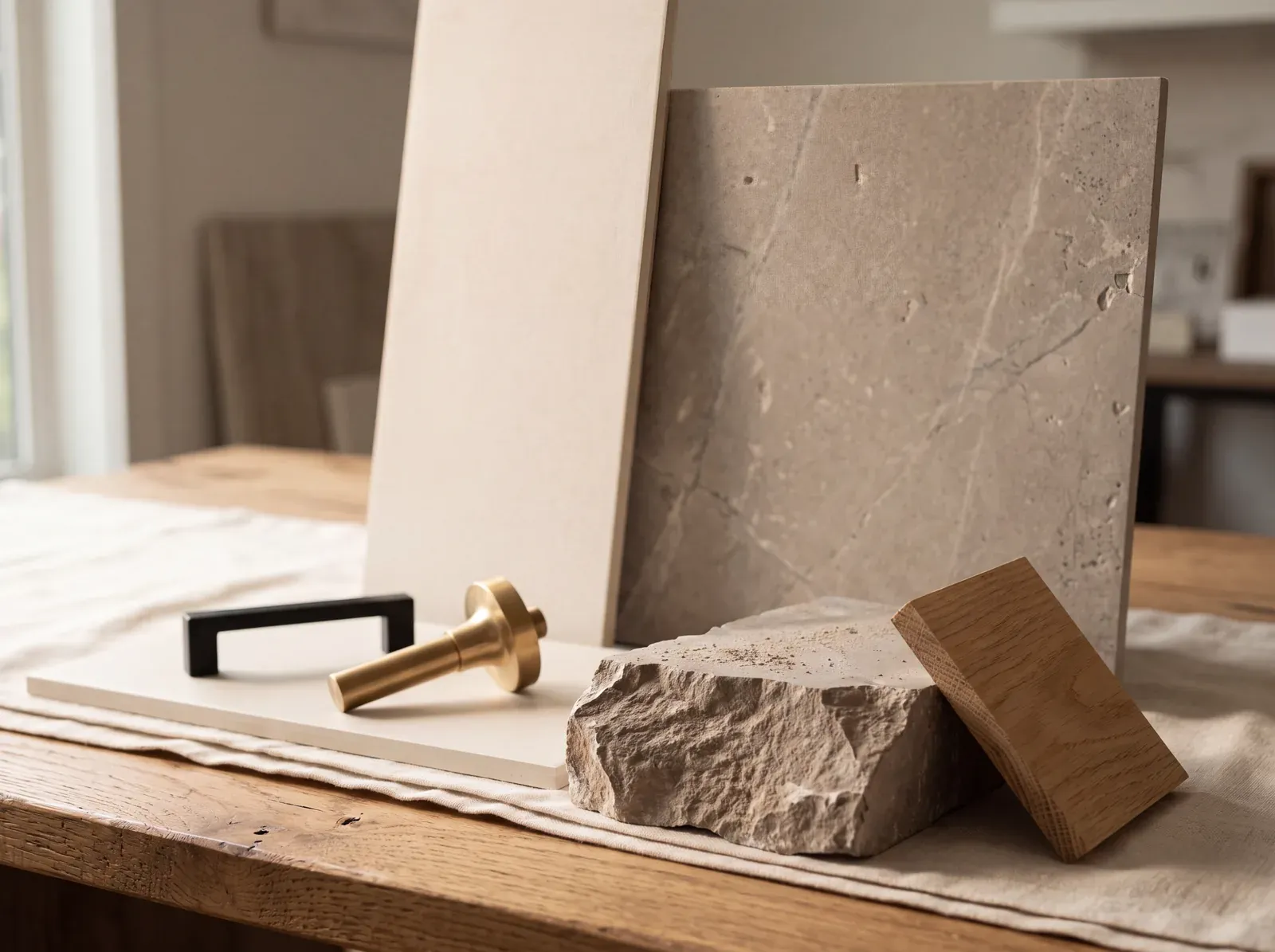 Material sample board with tile, stone, wood, and hardware laid out on a table