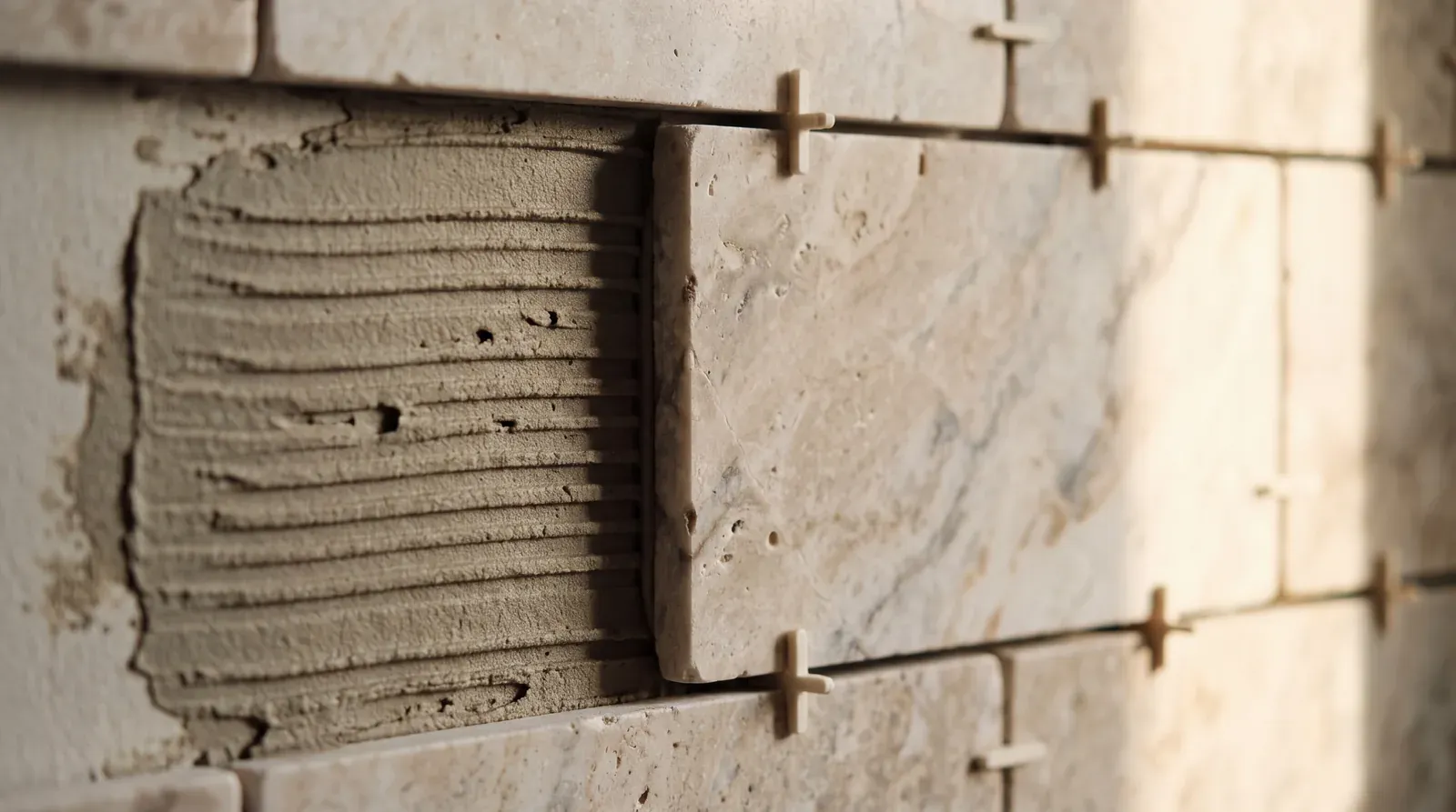 Close-up of large-format stone tile installation in progress, tile spacers and combed thinset visible