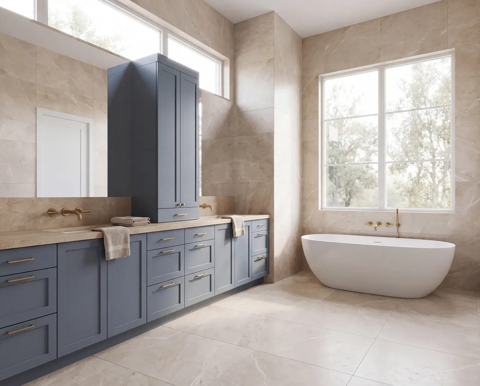 Screen-shared rendering of the client's primary bath with a sea-blue vanity during a live design call