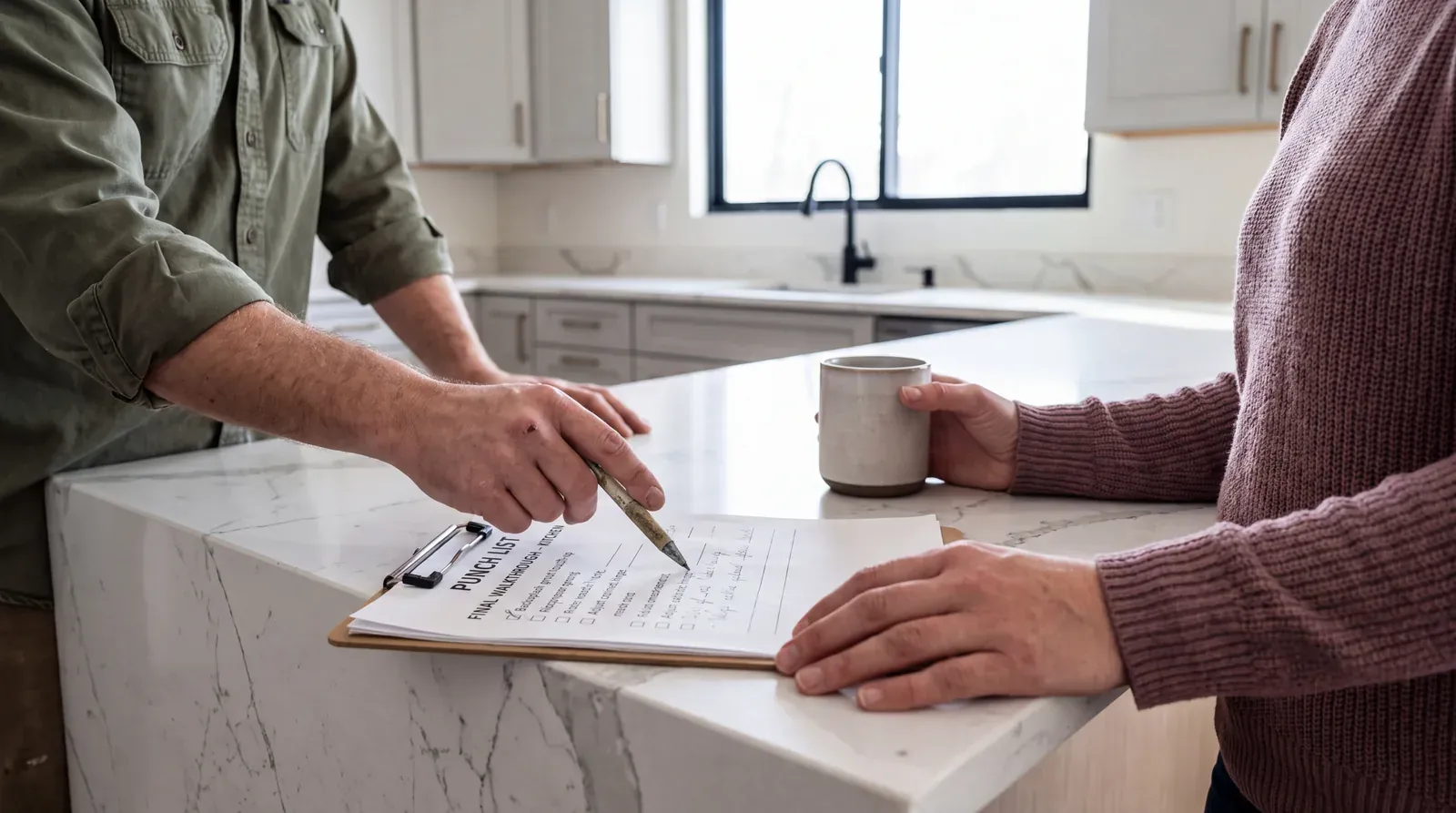 Project lead and client reviewing the punch list on a marble counter