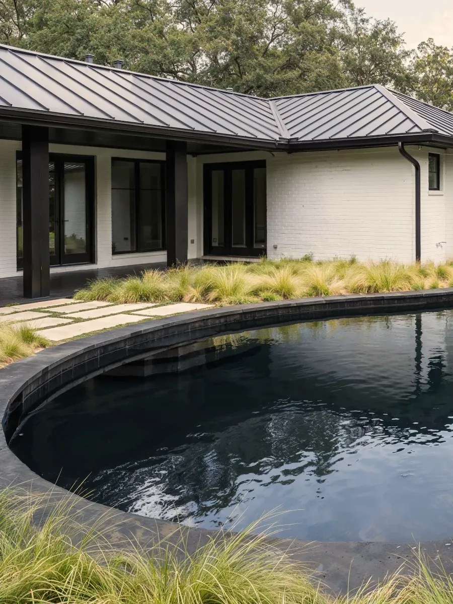 Exterior remodel in Austin, TX with white painted brick and a dark-bottom pool