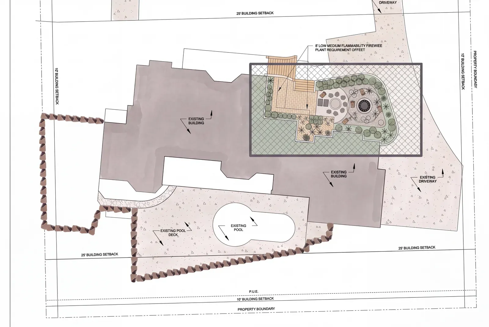 Permit sheet one: site plan of the whole property showing the boundary, house footprint, and work area