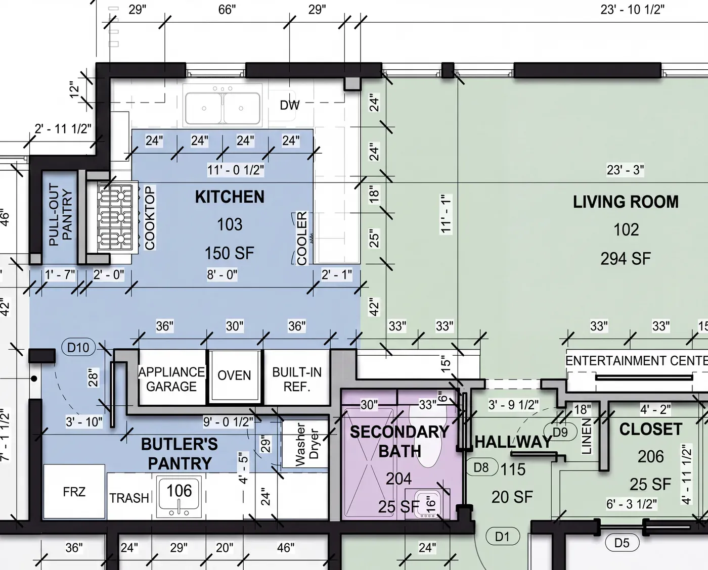 Dimensioned architectural floor plan of a kitchen, living room, pantry, and bath