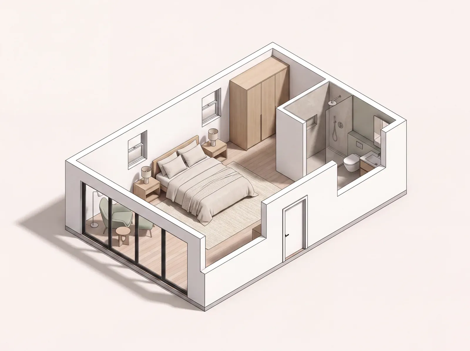 Rendering of a converted garage as a guest suite with a bed, seating, and an ensuite bath beyond