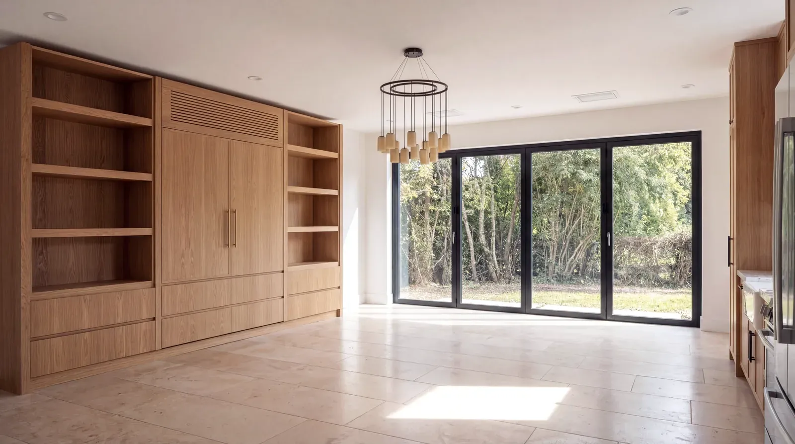 Converted garage guest suite with a white oak Murphy bed wall, built-in shelving and folding glass doors to the garden