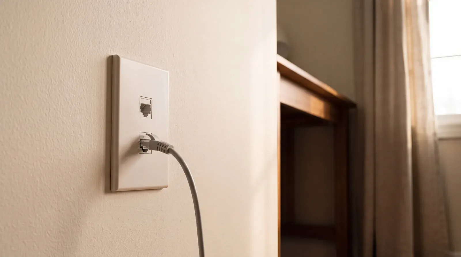 Ethernet wall plate in a finished room with warm natural light