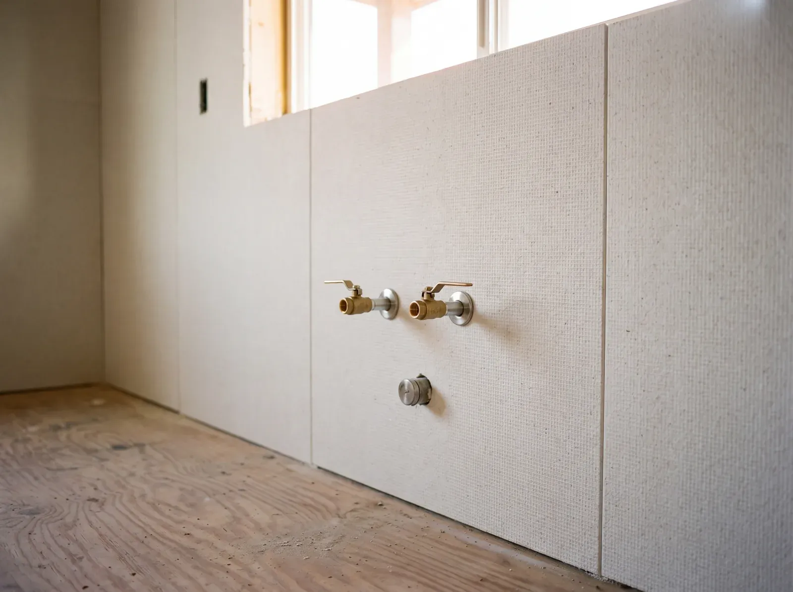 Mag board installed on the wet walls behind a kitchen sink run, with sealed plumbing penetrations