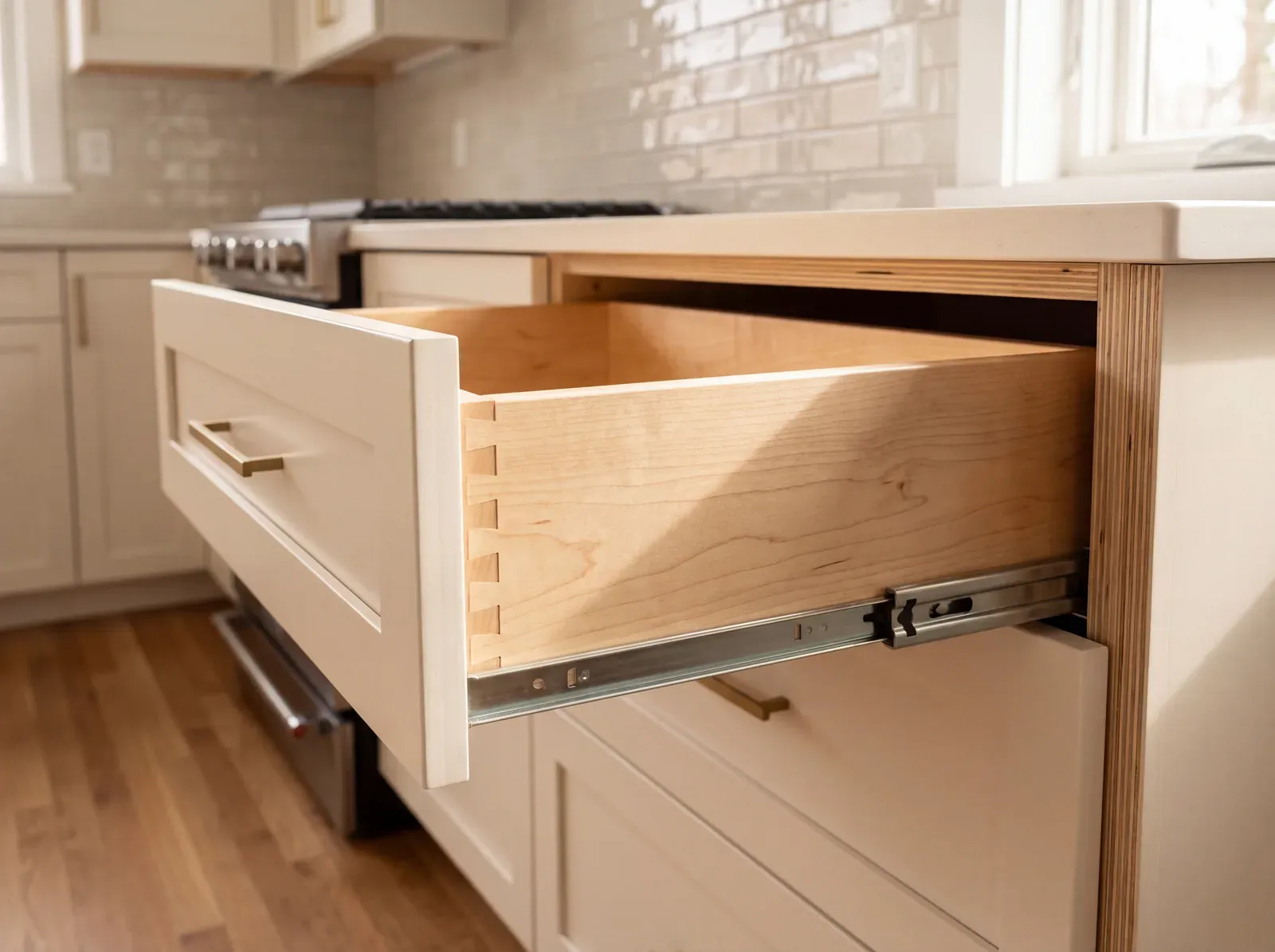 Plywood drawer box with dovetail joinery in formaldehyde-free kitchen casework