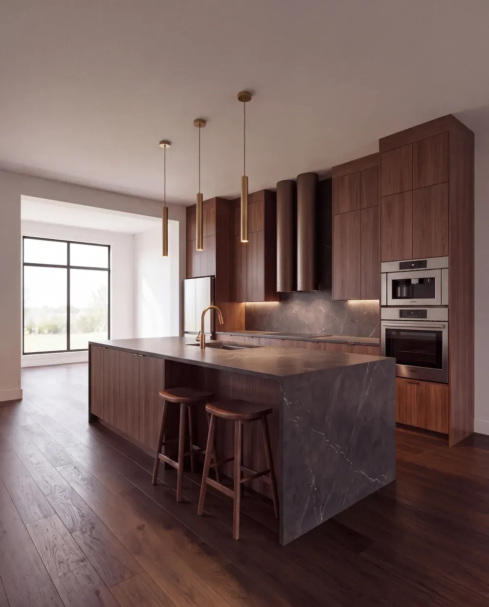 Rendering direction C: dark oak cabinetry, a veined stone island, and a new window in the exterior wall