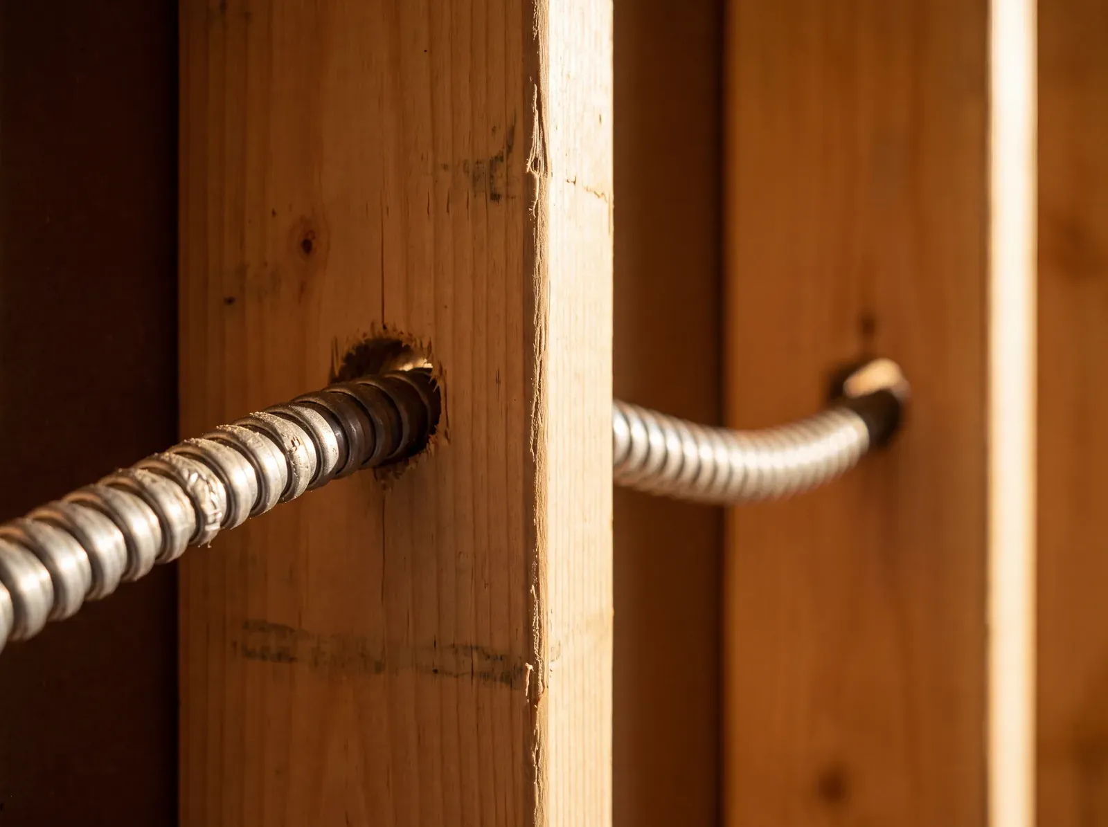 Metal-clad cable running through drilled holes in wood stud framing