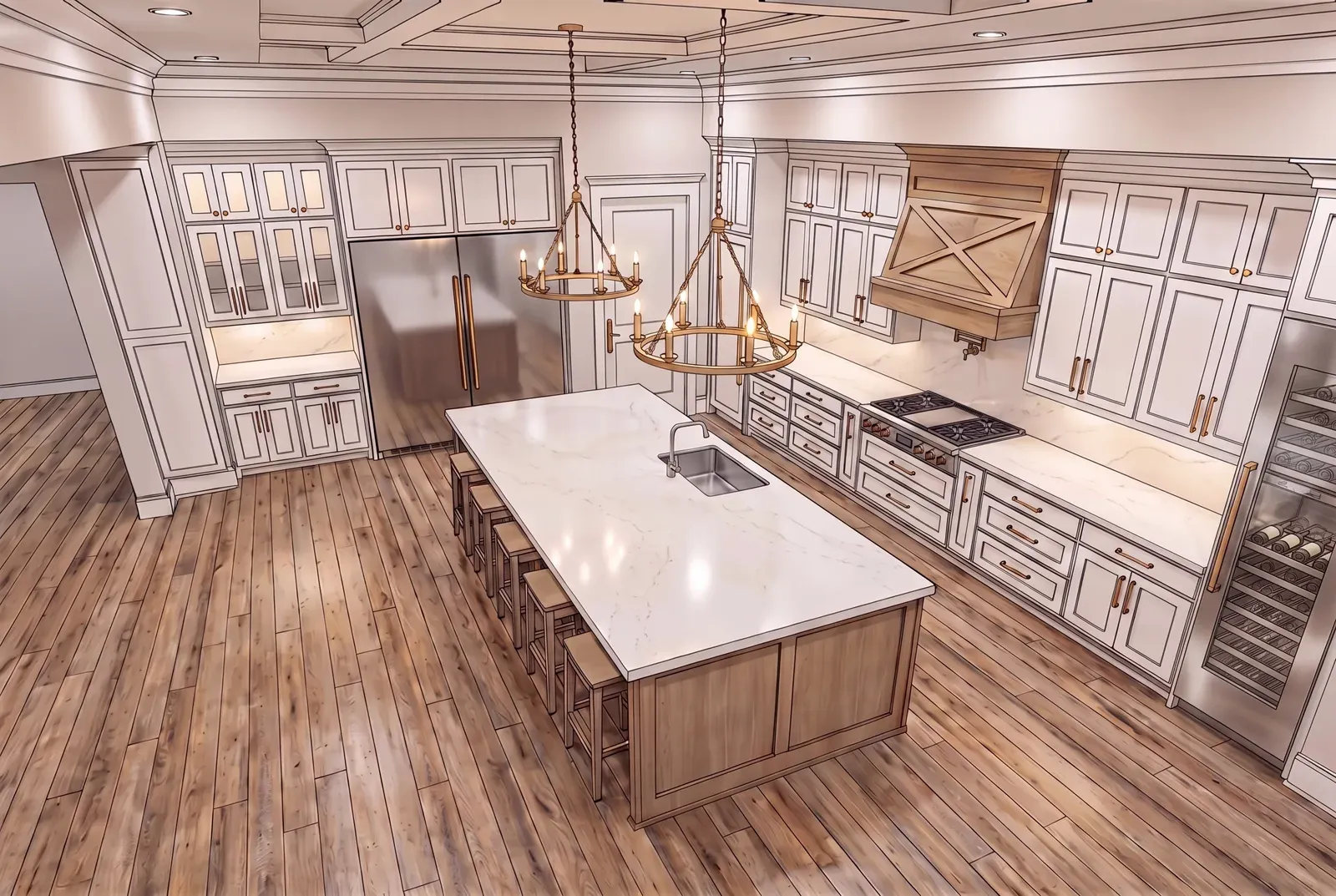 3D rendering of a kitchen with a large island, twin ring chandeliers, and a wood range hood