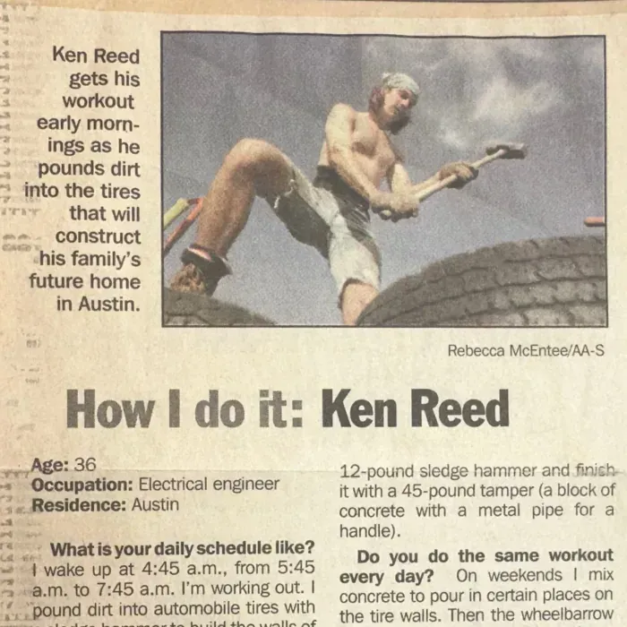 Austin American-Statesman clipping, July 1998: Ken Reed pounds dirt into tires with a sledgehammer