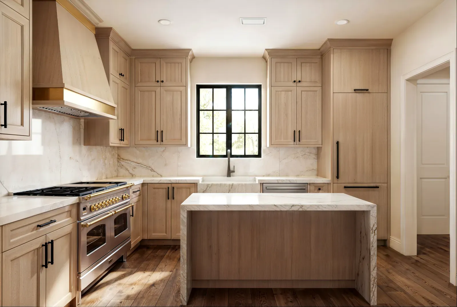 White oak Shaker kitchen with a brass-trimmed plaster hood, a marble waterfall island and a black-grid window