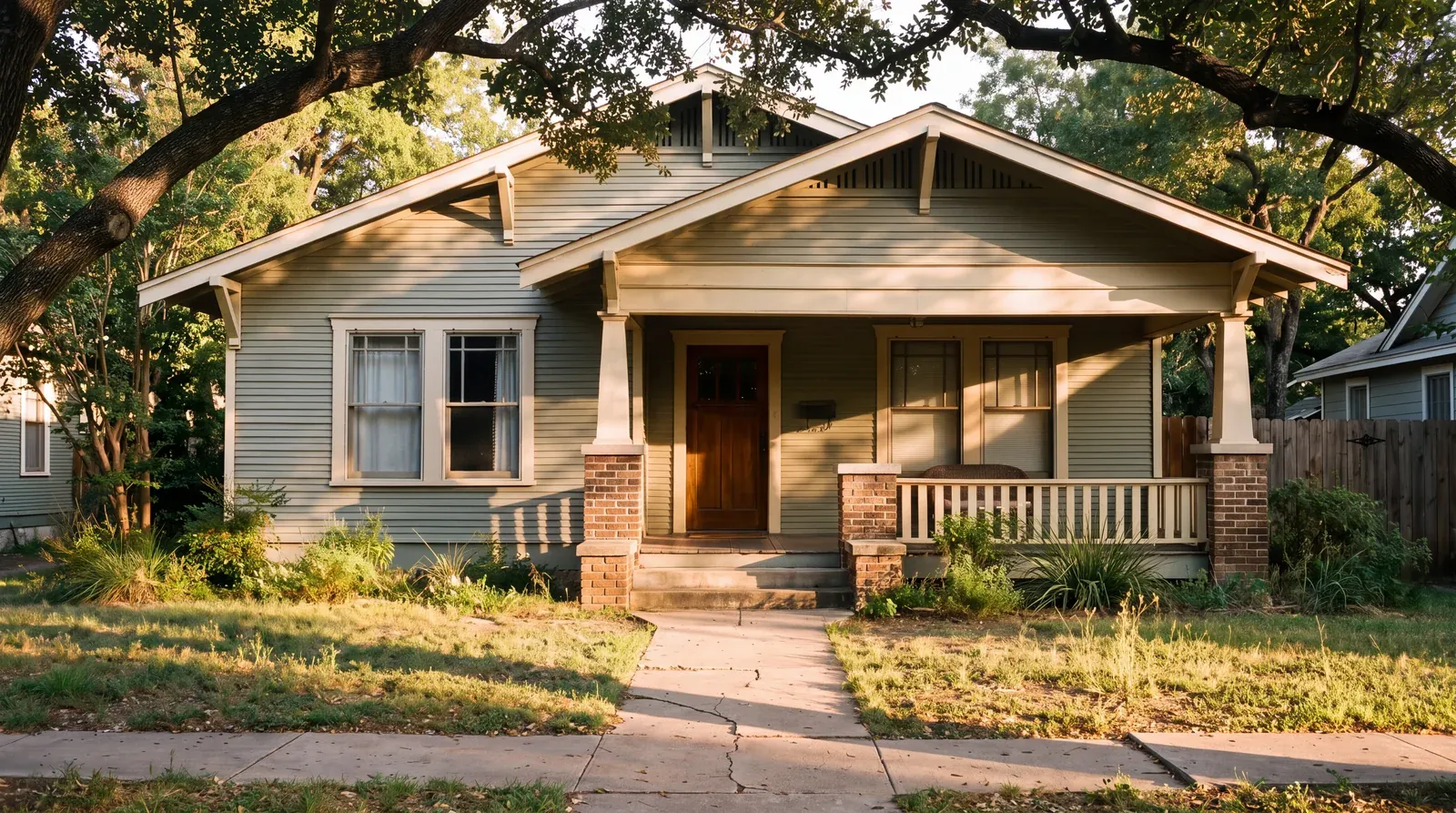 1920s Austin craftsman bungalow with deep front porch under mature oaks in warm afternoon light